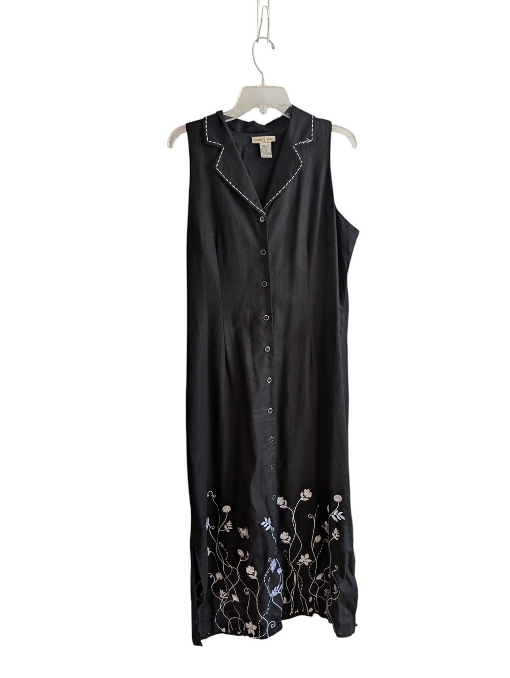 Studio Ease Sleeveless Black Button-Front Floral Embroidered Maxi Dress
